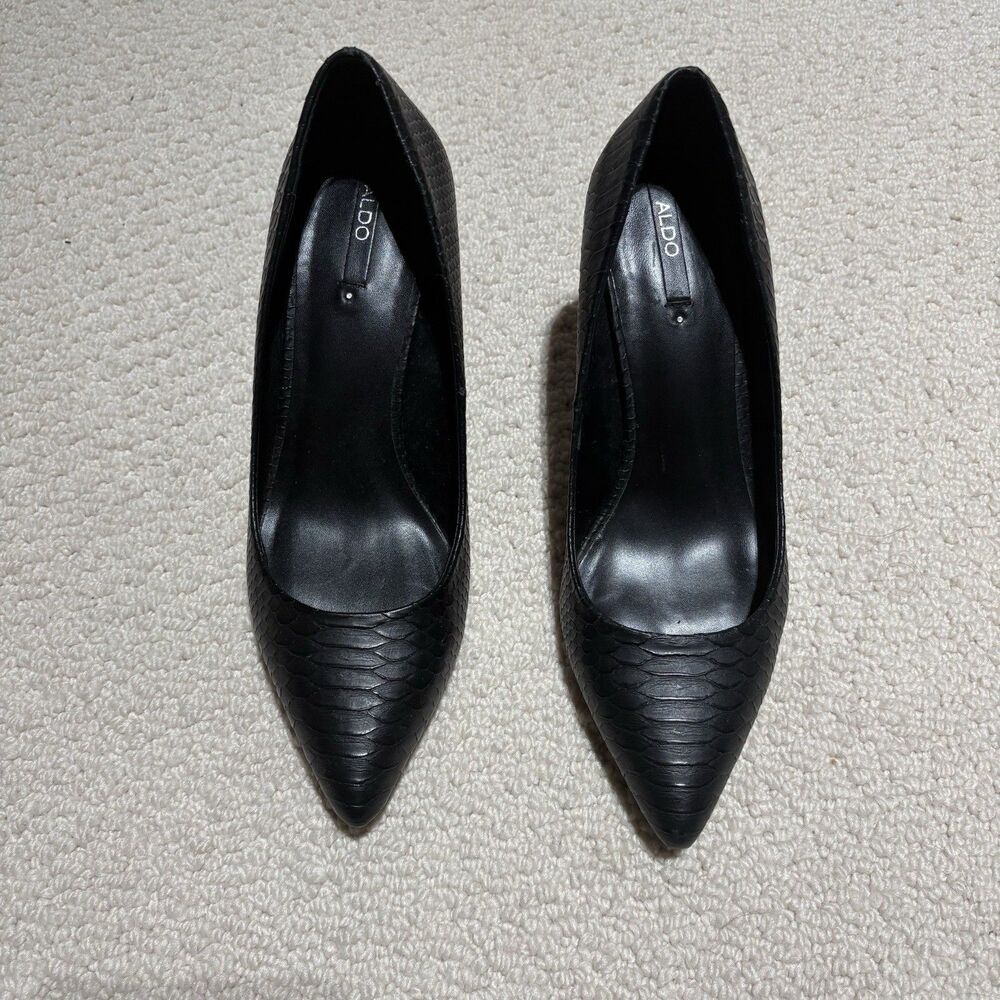 ALDO Women’s Heels Black Snakeskin Print Leather Pointed Toe Pumps Size 6.5